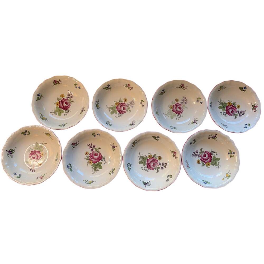 Set of 8 Spode Marlborough Sprays Rimmed Soup Bowls, Floral, Pink Trim, England